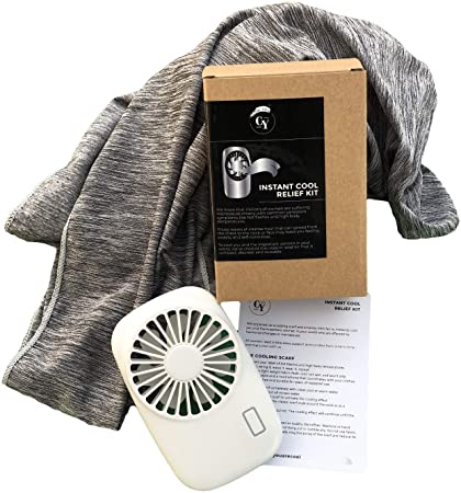 Cool You Menopause Hot Flash Relief Kit Combo Includes Cooling Scarf & Quiet Hand Fan - Discreet & Reusable Menopause Gift - Helps Excessive Sweating & High Body Temps - Natural Drug Free Relief
