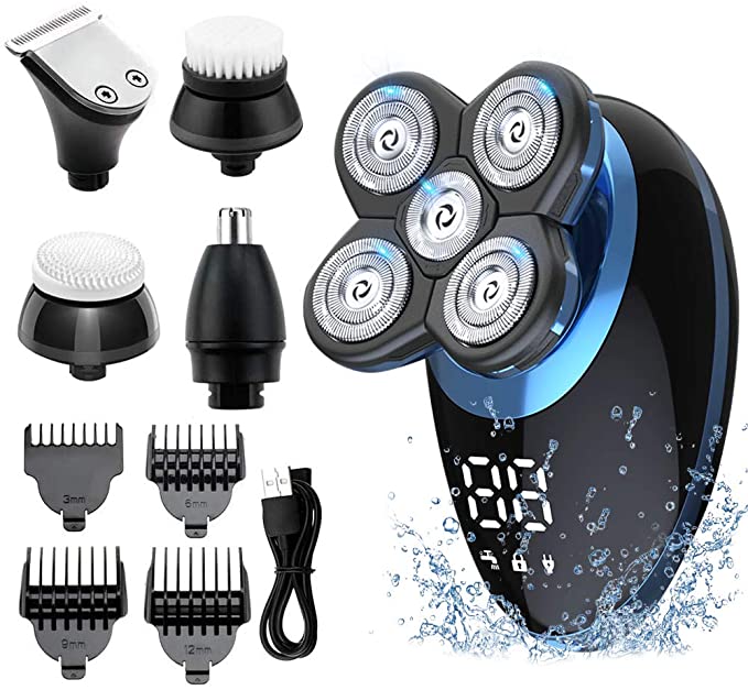Electric Shavers Men 5 in 1 Bald Head Shavers for Men with Nose Hair Beard Trimmer Clippers Blades and Facial Massage Rotary Cleansing Brush Waterproof Cordless 5D Floating Razor USB Rechargeable