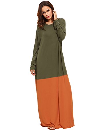 Verdusa Women's Boho Long Sleeve Caftan Color Block Casual Loose Long Maxi Dress