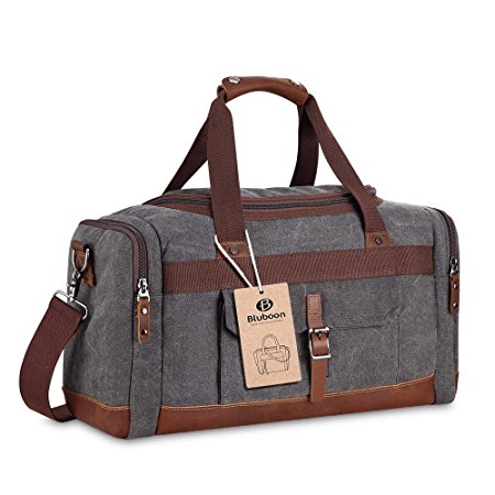 Overnight Bag Canvas Leather Vintage Travel Duffel Bags 18.9"/7.9"/13.0" (Grey)