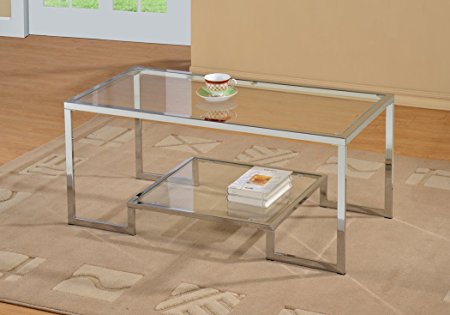 Chrome Metal Glass Accent Coffee Cocktail Table with Shelf
