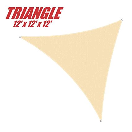 ColourTree 12' x 12' x 12' Sun Shade Sail Canopy  Triangle Beige - Commercial Standard Heavy Duty - 160 GSM - 4 Years Warranty