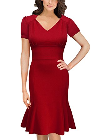 OWIN Women's V-neck Short Sleeve Evening Cocktail Party Knee Length Mermaid Dress