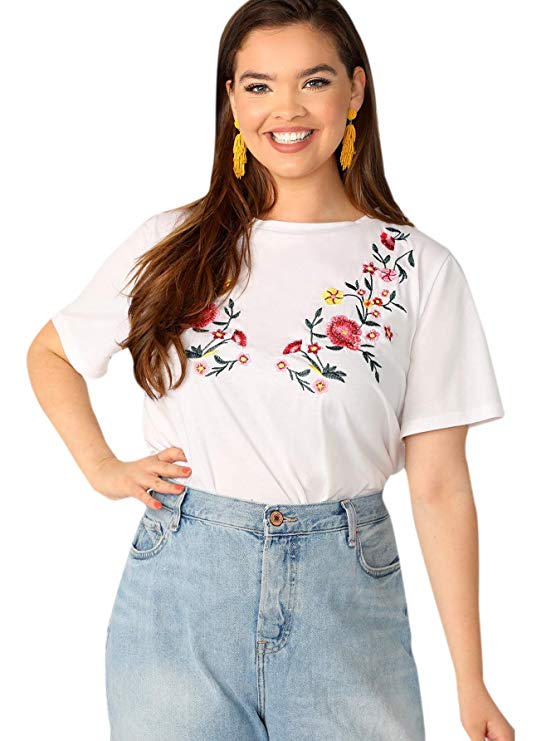 Romwe Women's Plus Top Short Sleeve Floral Blouse Tunic Shirt