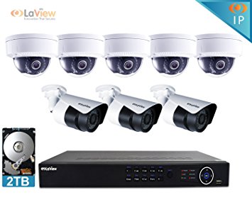 LaView 1080P IP 8 Camera Security System, 8 Channel IP PoE HDMI NVR (Resolution 1080p - 6MP) w/2TB HDD 5 Dome 3 Bullet Hi-Res 2MP White Surveillance Camera Kit