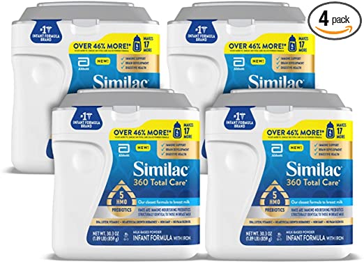 Similac 360 Total Care Infant Formula, with 5 HMO Prebiotics, Our Closest Formula to Breast Milk, Non-GMO, Baby Formula Powder, 30.3-oz Tub (Case of 4)