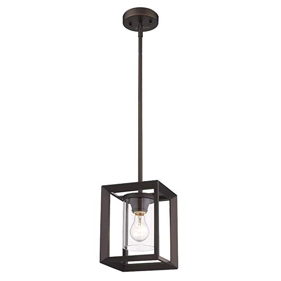 Emliviar Modern Glass Pendant Light, Single Light Metal Wire Cage Hanging Pendant Light, Oil Rubbed Bronze with Clear Glass Shade and 42" Rod, 2083M1L ORB