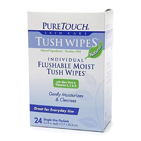PureTouch Naturals Flushable Moist Tush Wipes, 6 Boxes of 24 Single-Use-Packets