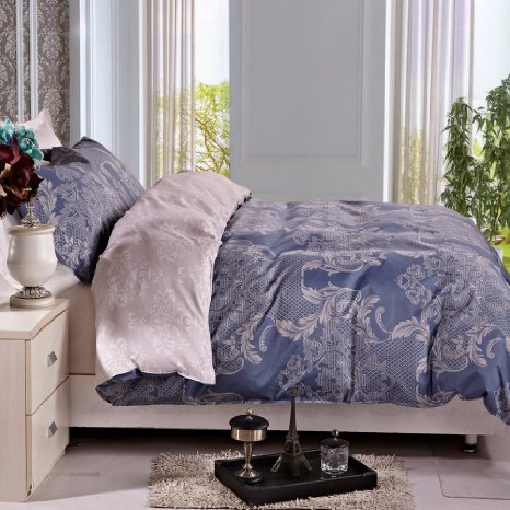 NTBAY 3 Pieces Reversible Printed Microfiber Duvet Cover Set with Hidden Button(Full/Queen, Navy Blue)