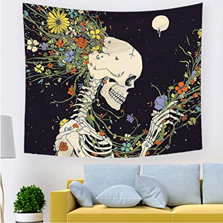 OATHENE Skull Floral Flowers Moon Tapestry Colorful Human Skeleton Tapestry for Bedroom Living Room Dining Room.…