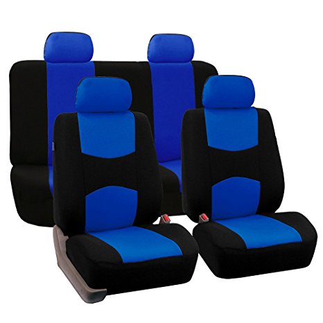 FH Group Universal Fit Full Set Flat Cloth Fabric Car Seat Cover, (Blue/Black) (FH-FB050114, Fit Most Car, Truck, Suv, or Van)