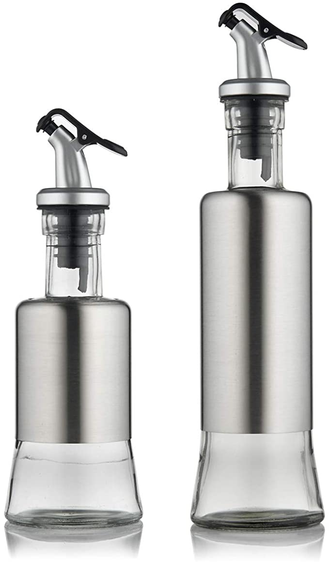 FARI Stainless Steel Olive Oil Dispenser Bottle Set, 10oz & 7oz Glass Cooking Oil & Vinegar Cruet Set for Kitchen and BBQ