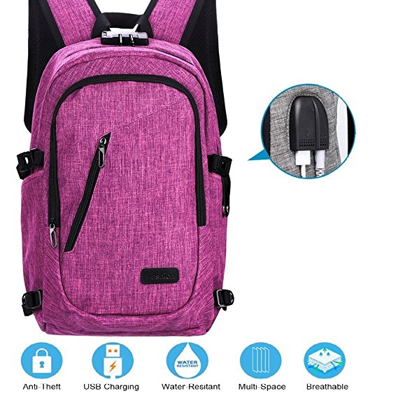 Laptop Backpack with USB Charging Port and Lock & Headphone Compartment, Fits 12-16 inch laptop and Notebook, Waterproof School Rucksack Business Knapsack Travel Daypack Student Bookbag (Purple)