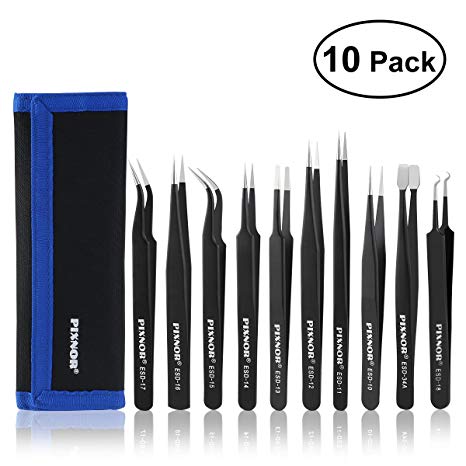 PIXNOR Tweezers Precision ESD Anti-Static Stainless Steel Tweezers Kit with Bag for Electronics, Jewelry-Making, Laboratory Work (10pcs)