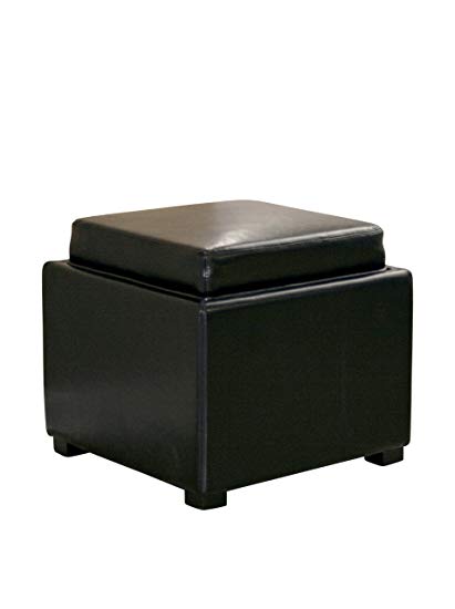 Baxton Studio Full Leather Square Storage Ottoman with Reversible Tray, Black