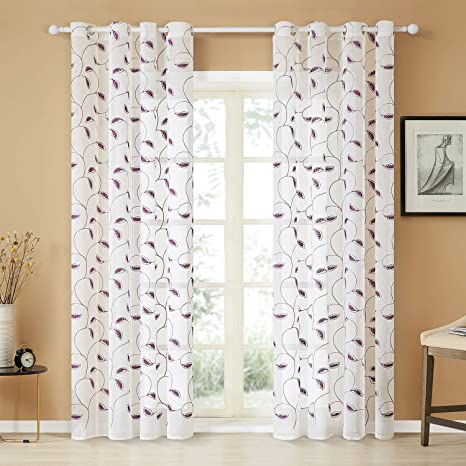 Top Finel White Sheer Curtains 84 Inches Long Purple Embroidered Leaves Grommet Window Curtains for Living Room Bedroom, 2 Panels