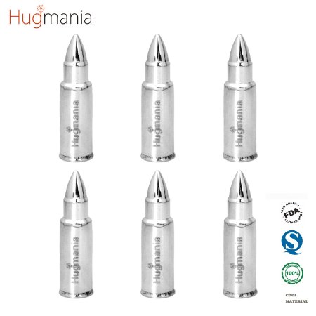 Bullet Shaped Stainless Steel Set of 6 Whiskey Stones Ice Cube Wine Chiller Reusable for Whisky Vodka Champagne Soda Juice Cool Drink Cold Gift with Storage Bag