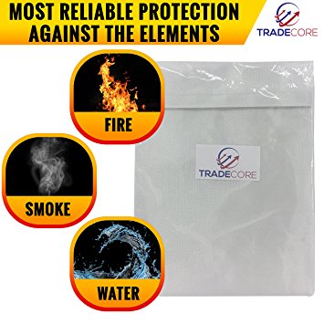Fire Resistant Document Bag 15'' x 11'' Heavy Duty Fire Resistant Thread - Fireproof Secure Storage For Money / Passports / Legal Documents - Fire Retardant Envelope Heat Protection