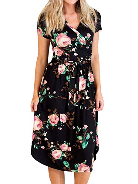Foshow Womens Short Sleeve Dresses Floral Empire Waist Midi Vintage Summer Dress with Pockets