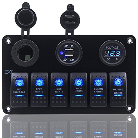 FXC 6 Gang Rocker Switch Panel with Digital Voltmeter 12V power Socket  Double USB Power Charger Adapter Waterproof Blue LED Backlight for Car Trailer Marine Boat¡­
