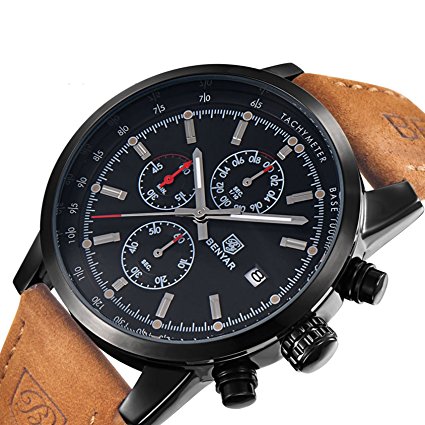 Conbays Men’s Outdoor Sport Watch with Brown Leather Watchband Black Chronograph Waterproof Quartz Casual Wristwatch Date Display Stopwatch for Man