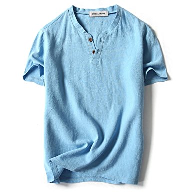 Men Linen and Cotton V neck Short Sleeve T Shirts Casual Tee