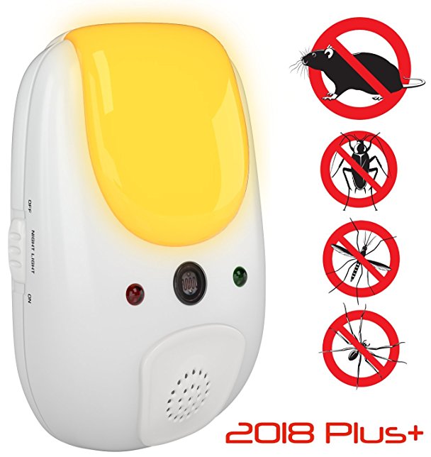 2018 SANIA Pest Repeller Plus  effective sonic defense repellant keeps roaches, spiders, mosquitos, mice, bed bugs away - electronic ultrasonic deterrent for inside your home - relaxing amber light