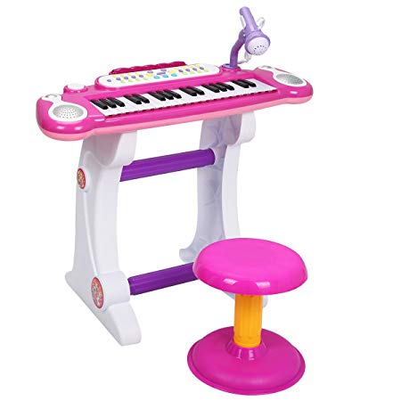 Costzon Electronic Keyboard 37-Key Piano, Musical Piano for Kids with Working Microphone & Stool, Pink