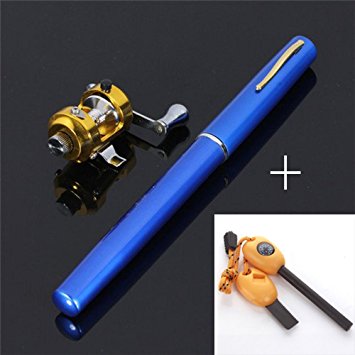 BestBuyGoods Portable Mini Pocket Pen Fishing Rod Pole Reel With Two Baits Two fishhooks Two Fishing-buoys and 20 Meters Fish tape/wire  Survival Magnesium Firestarter Compass Whistle Orange BBG14PF001(Colors Random)