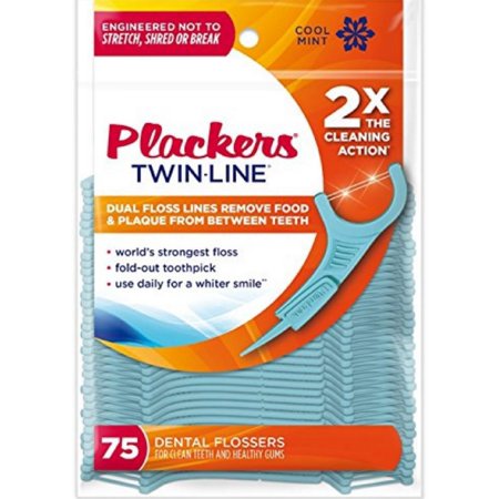 4 Pack - PLACKERS Twin-Line Dental Flossers, Cool Mint 75 each