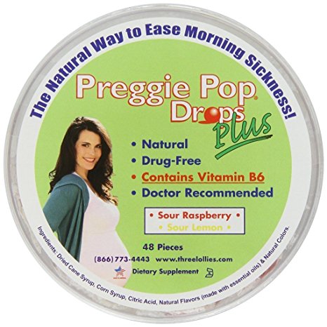 Three Lollies Preggie Pop Drops Plus w/ Vitamin B6 for Morning Sickness Relief, 48 Count