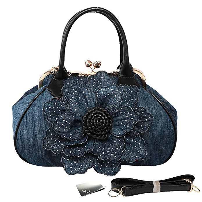 kilofly Women's Large Flower Denim Satchel Handbag Shoulder Bag   KF Money Clip