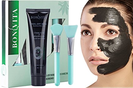 Blackhead Remover Mask, Anti-wrinkle Peel Off Black Mask, BONVITA Bamboo Charcoal Peel Off Mask and Brush Kit for Women & Men for Face Nose Acne Treatment Oil Control