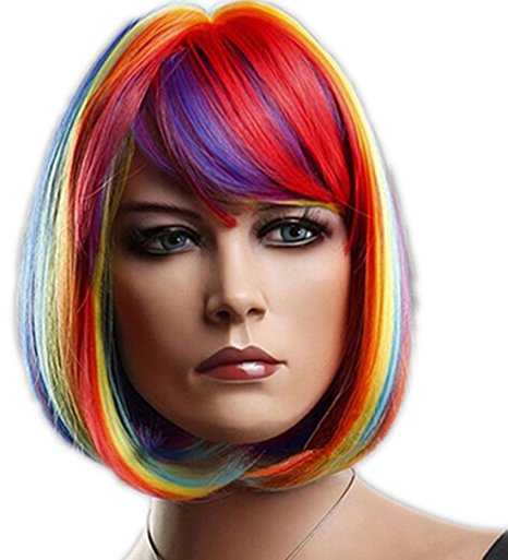 Superwigy Synthetic Rainbow Multi-Color Cosplay Wigs Short Bob Full Wig for Party