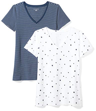 Amazon Essentials Women's 2-Pack Short-Sleeve V-Neck Patterned T-Shirt