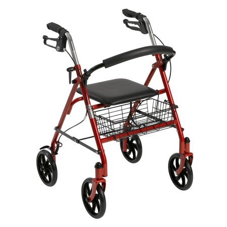 Drive Medical Four Wheel Rollator Rolling Walker with Fold Up Removable Back Support, Red