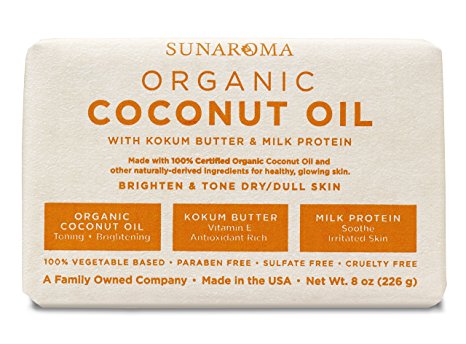 Sunaroma Coconut Kokum Butter Soap (8 oz) - Natural Soap Brightens and Tones Dull Skin - Kokum Butter and Milk Protein Soothe and Moisturize the Complexion - Paraben and Sulfate Free, Made in the USA