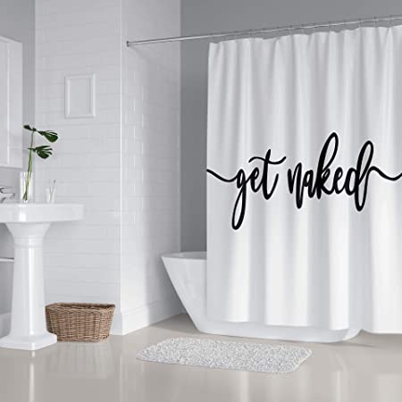Zengmei 70x70 inches Get Naked Shower Curtain Set Funny Quote Durable Waterproof Polyester Shower Curtain Bathroom Bath Decor Cloth Fabric   12 Hooks(White)