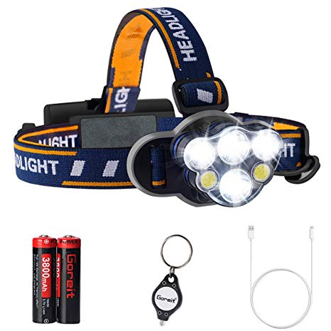 LED Headlamp rechargeable, Goreit Brightest High 6000 Lumen LED Headlight, USB Rechargeable Waterproof Flashlight with COB Work Light, Head Torch for Camping, Hiking, Outdoors