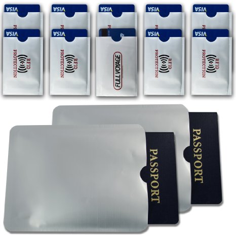 RFID Blocking Sleeve Set - Durable TearProof WaterProof - Slim Design for Wallet Pocket or Bag - 10 Credit Card Sleeves - 2 Passport Sleeves