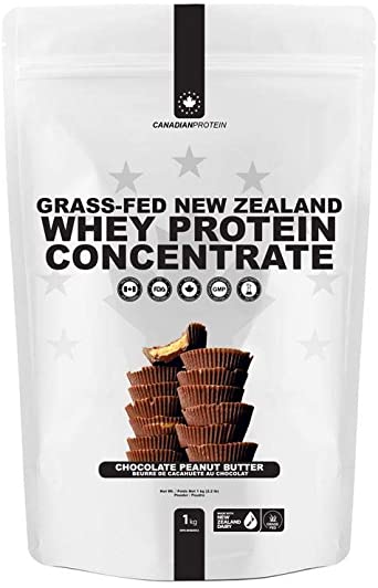 Canadian Protein Grass-Fed New Zealand Whey Concentrate 24g of Protein | 1 kg of Chocolate Peanut Butter Milkshake Flavoured Low Carb Workout Recovery Drink | Undenatured Whey Protein Shake
