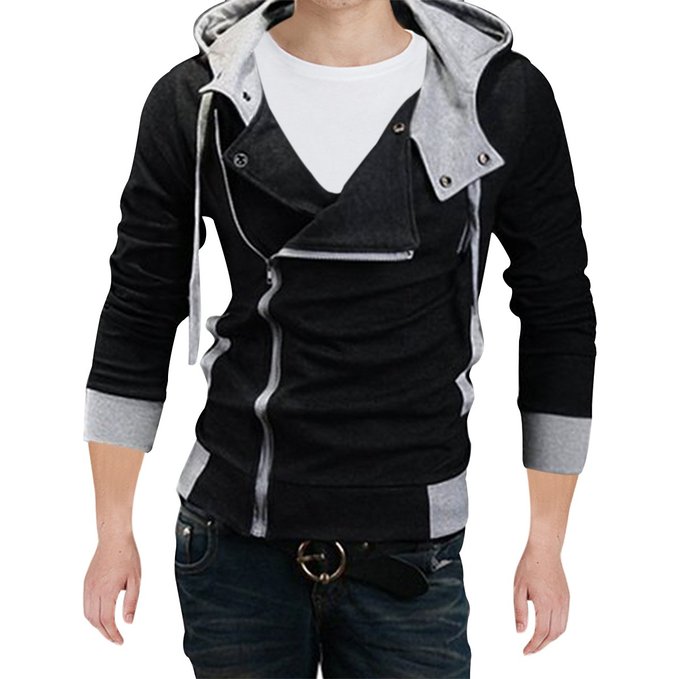 Men's Oblique Zipper Hoodie Casual Top Coat Plain Slim Fit Hooded Jackets