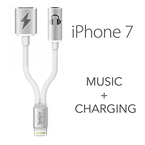 iPhone 7 Lightning to 3.5mm Audio Charge Earphone Jack Adapter Cable- Sprtjoy 2 in 1 Lightning Charging Port for the iPhone 7 7 Plus 6S 6 iPod iPad (Silver)