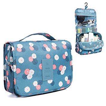 HaloVa Toiletry Bag Multifunction Cosmetic Bag Portable Makeup Pouch Waterproof Travel Hanging Organizer Bag for Women Girls, Blue Flowers