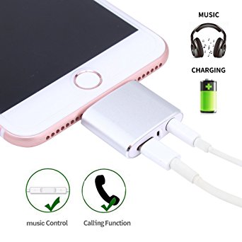 ATETION [ Supporting control music and call volume ] 2 in 1 Lightning to 3.5mm Aux Adapter for iPhone 7 / 7 Plus, Earphones Jack Cable Audio Adapter and Lightning to Charger (Silver)
