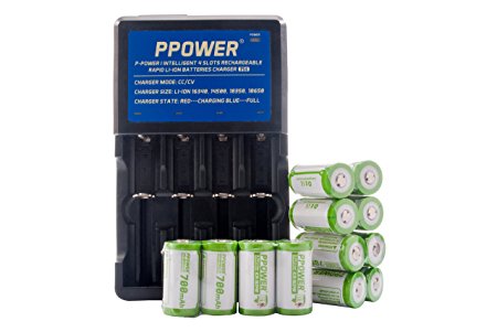 Ppower Pbe 12 packs of 700mAh 3.7v Cr123a 16340 Li-ion Rechargeable Battery   PPOWER 4 Slots Li-ion charger (PI4)   Battery boxes (12X) CE Certified for Arlo Camera, Reolink Argus, Keen, etc