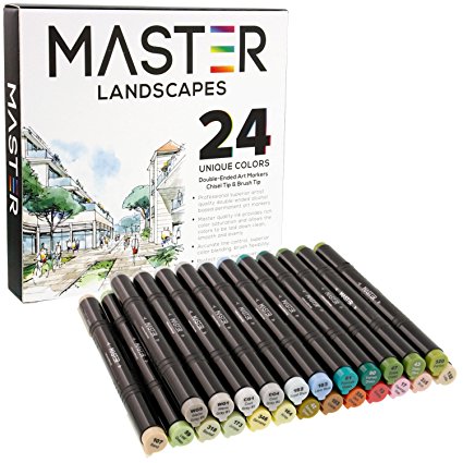 24 Color Master Markers Landscape Tones Dual Tip Set - Double-Ended Art Markers with Chisel Point and Standard Brush Tip - Soft Grip Barrels - Draw, Design, Render Plants & Trees