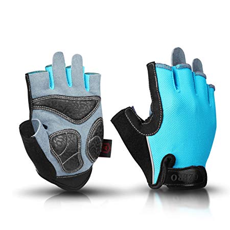OZERO Bike Gloves with Deerskin Leather Palm and Shockproof Gel Pads - Fingerless Glove for Road Cycling/Weight Lifting/Gym Workout/Motorcycle/Riding, for Men and Women (Blue,Medium)
