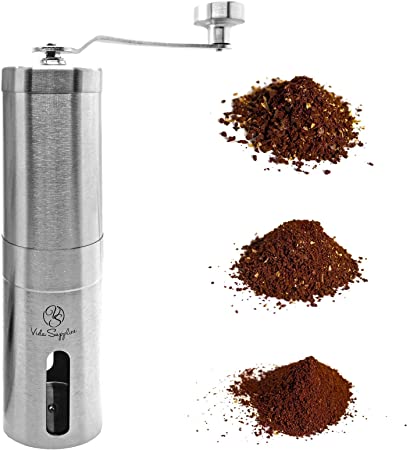 Manual Coffee Bean Grinder with Adjustable Setting - Conical Burr Coffee Grinder for Press French, Espresso, Turkish, Cold Brew - Brush Stainless Steel - Portable Coffee Grinder for Travel and camping