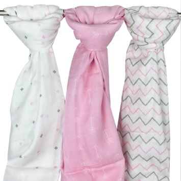 Muslin Swaddle Blanket - 3 Pack PINK - Ziggy Baby 48 x 48 Large Muslin Blanket for Girls in Chevron Cross and Arrow Patterns - 100 Muslin Soft Cotton Baby Swaddle Wrap - Best Baby Shower Gift